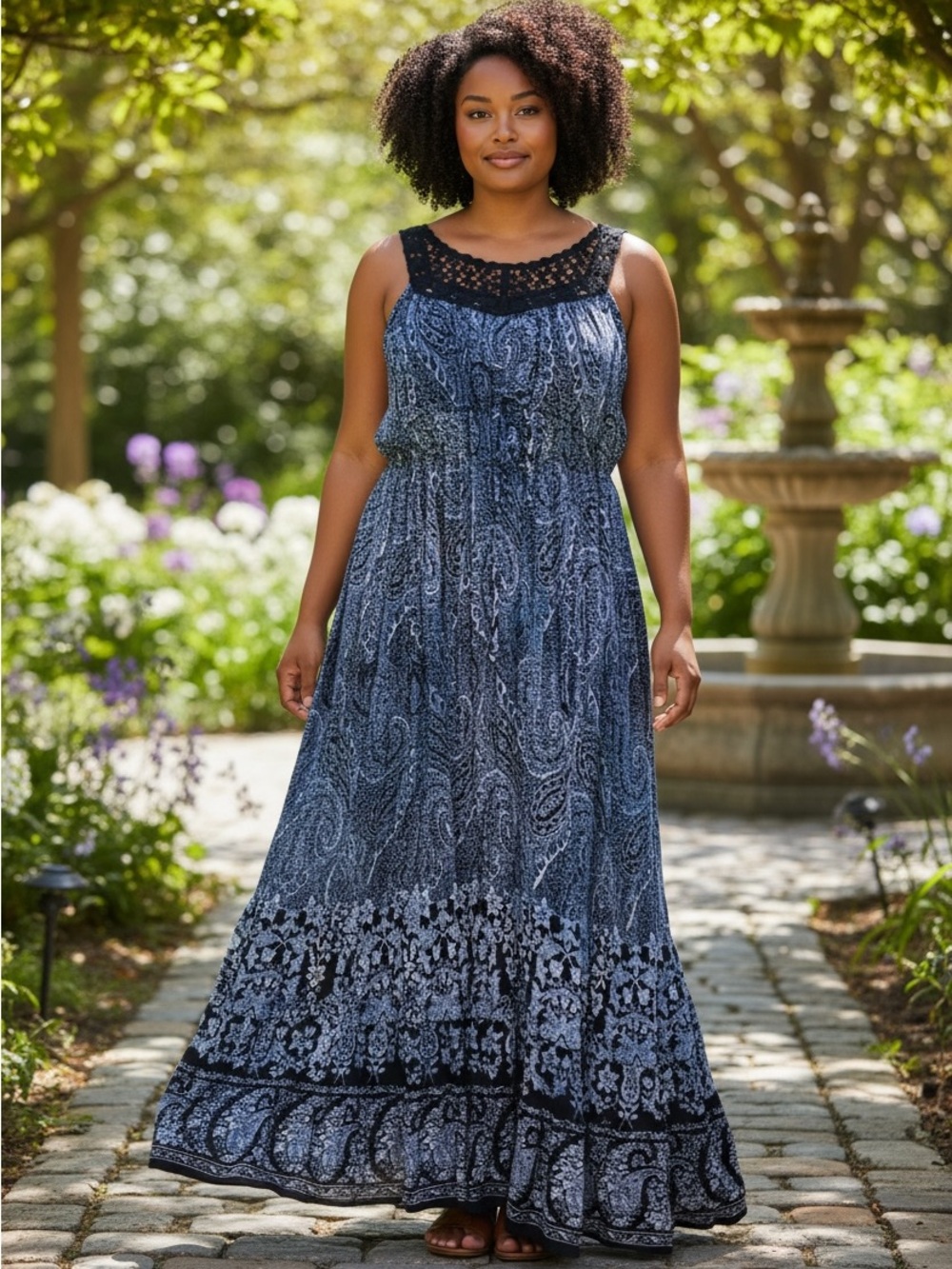 Billabong Blue Paisley maxi Midi boho beach crochet detail dress size large